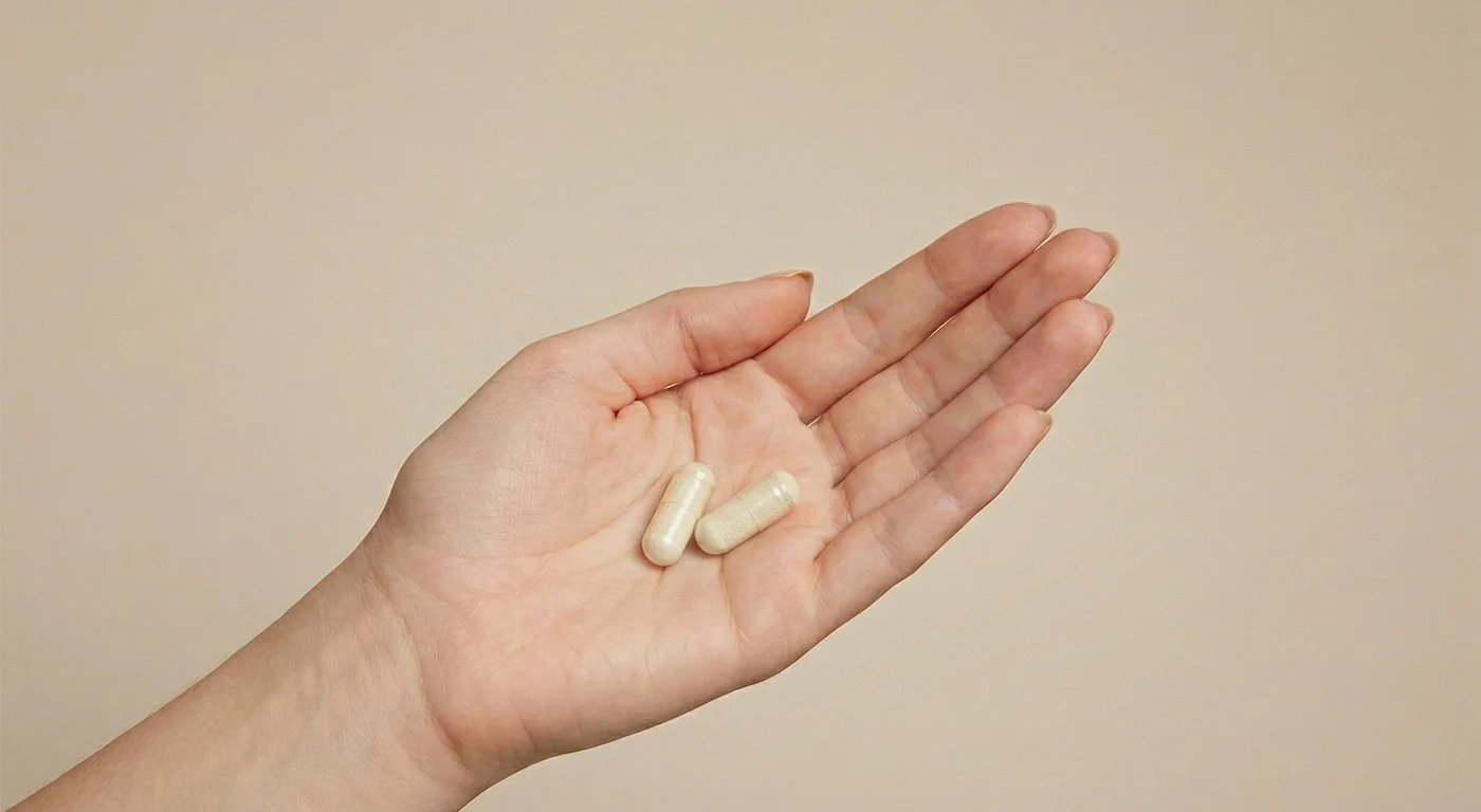 Detailní záběr na dvě kapsle doplňku Aktivní mysl i tělo v dlani – přehledné dávkování a snadné užívání